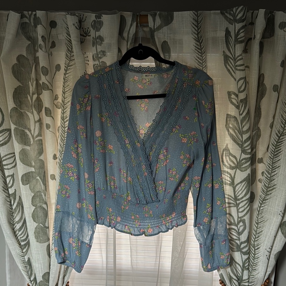 Floral Blue Lace Trim Blouse